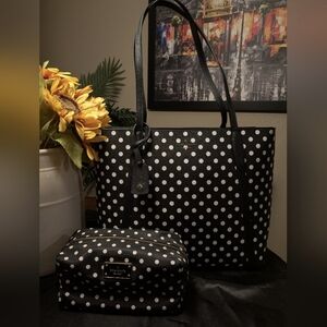 Kate Spade Tote & Cosmetic Bag Set in Black with White Polka Dots